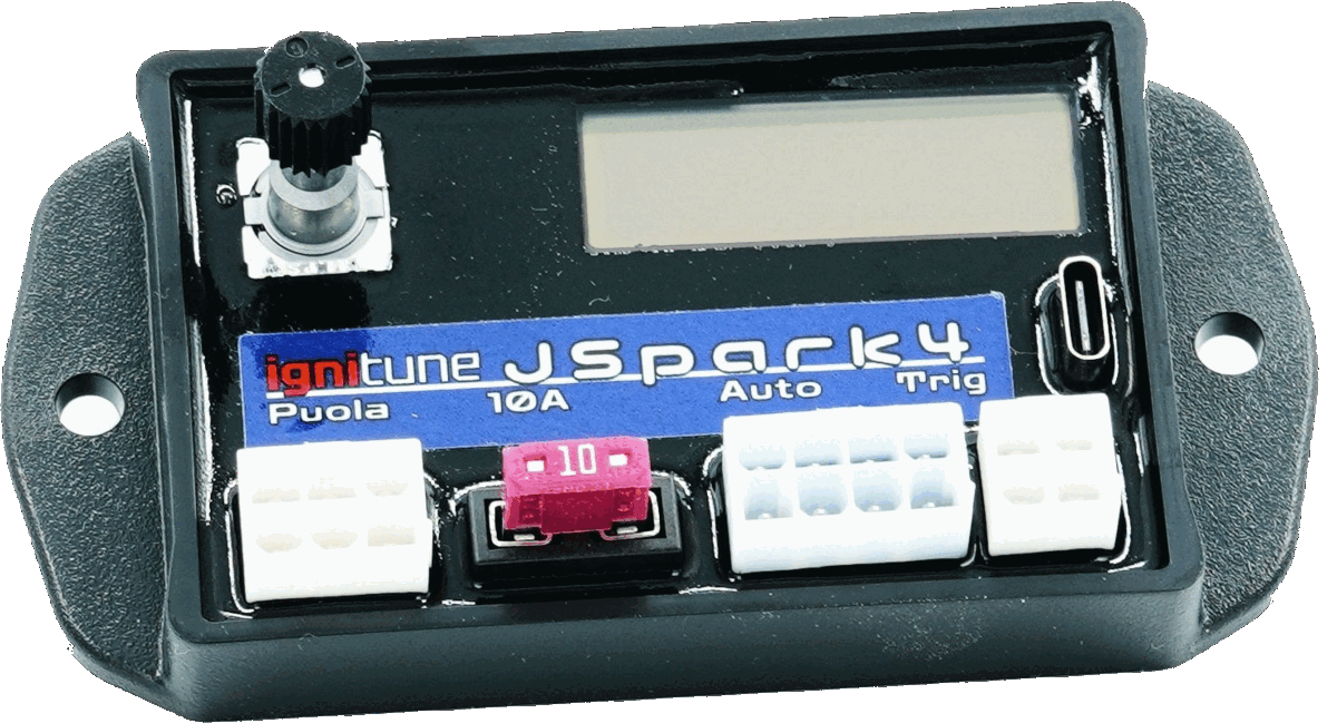JSpark4-ohjain edestä: säätönuppi, näyttö, liittimet ja USB-C-portti.